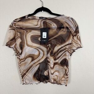 Fashion Nova Light and Dark Brown Marble Psyched Out Mesh Short Sleeve Crop Top